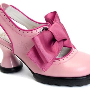 Fluevog Mini Sweet Pea pink slingback heels with ribbon bow
